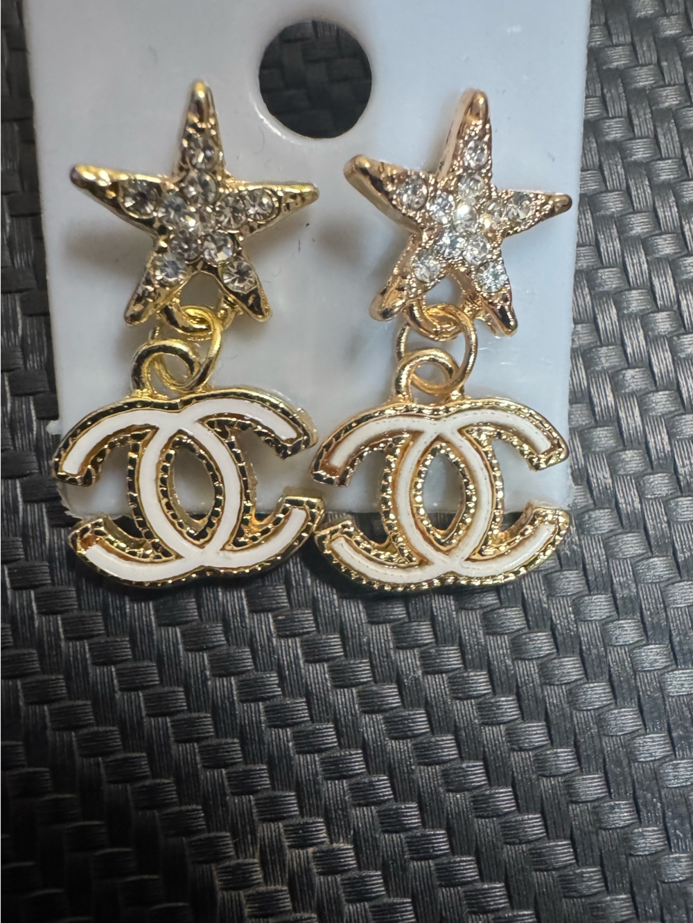 Gold and White Interlocking Logo Drop Earrings - Women Jewelry